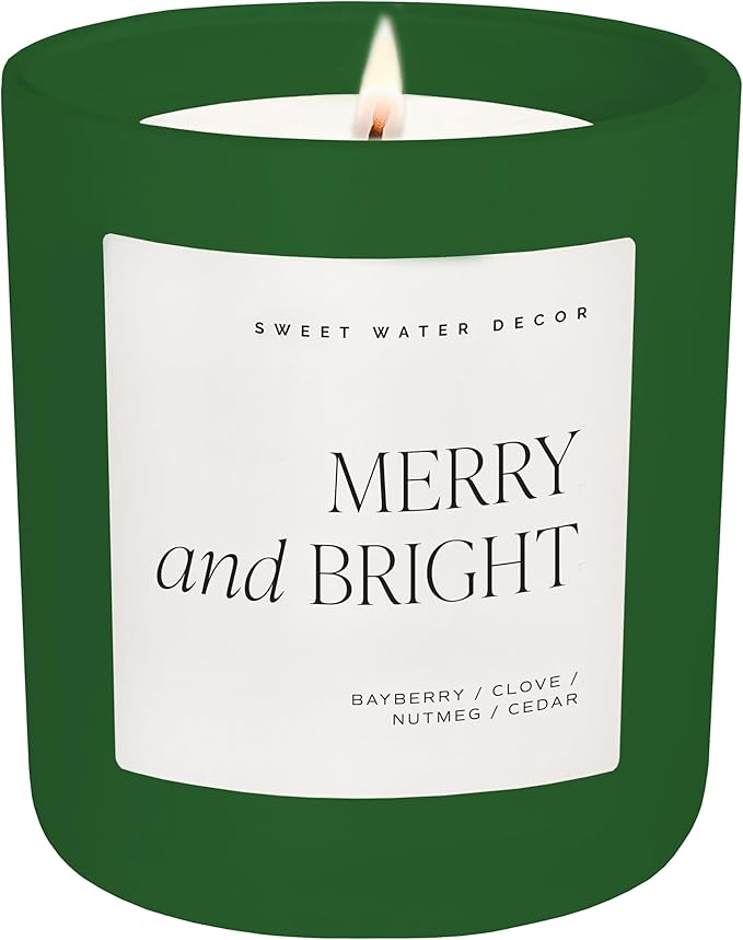 Sweet Water Decor Merry and Bright Christmas Candle - Fir, Nutmeg, Clove, Bayberry Winter Holiday Scented Soy Candles for Home - 15oz Green Jar, 70+ Hour Burn Time, Made in The USA - Bloomnest