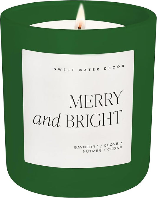Sweet Water Decor Merry and Bright Christmas Candle - Fir, Nutmeg, Clove, Bayberry Winter Holiday Scented Soy Candles for Home - 15oz Green Jar, 70+ Hour Burn Time, Made in The USA - Bloomnest