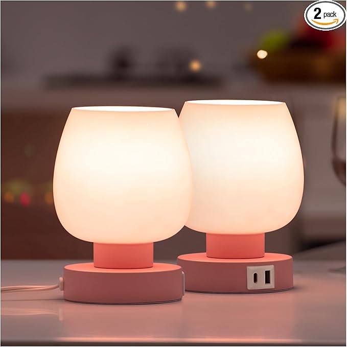 ONEWISH Pink Touch Table Lamp with USB Charging - 3 Way Dimmable Small Lamp for Bedroom, Warm LED Bulb Included, 2 Packs - Bloomnest