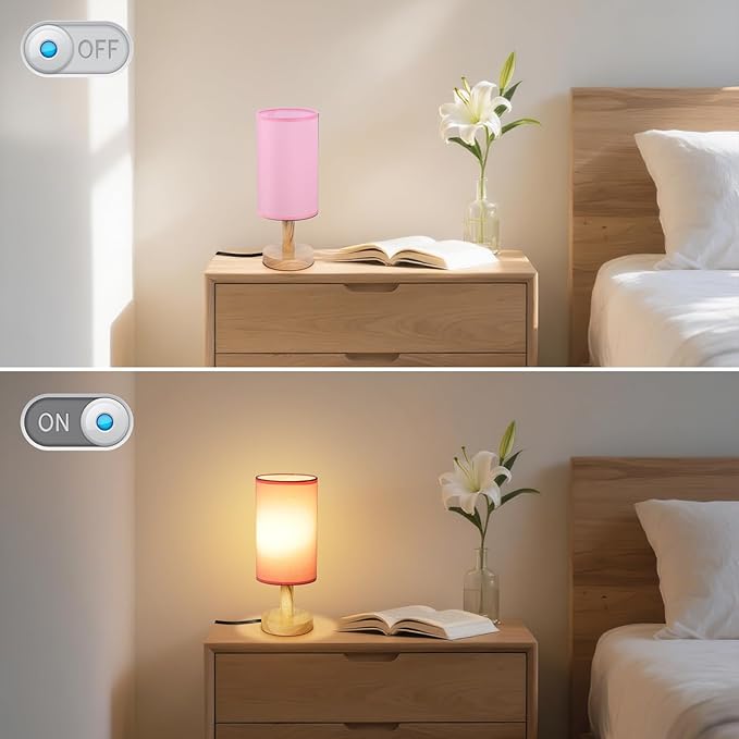 Pink Small Bedside Table Lamp for Bedroom,Natural Round Wood Base&Fabric Linen Shade,Cozy Night Table Light for Study Reading,Minimalist Boho Desk Lamp for Nightstand,Living Room,Nursery,Kitchen,Dorm - Bloomnest
