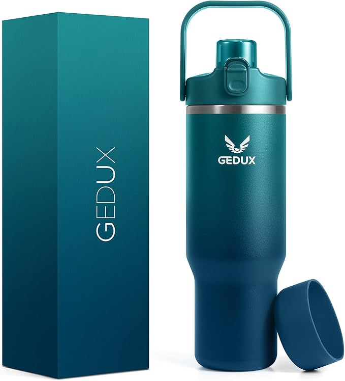 32 oz Stainless Steel Tumbler with Handle and Straw, Vacuum Insulated Water Bottle with 2-in-1 Lid (Chug/Straw) and Silicone Boot，Keeps Drinks Hot and Cold - Bloomnest