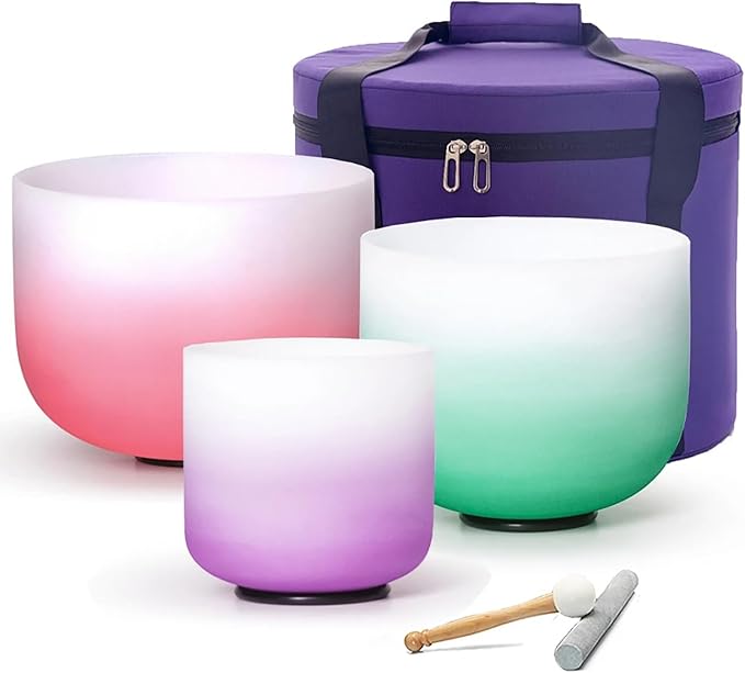 8"B 10"F 12"C Set of 3 Red Green Purple Light Color Singing Bowls Frosted Chakra Quartz Sound Healing Crystal with Travel Carry Case Bag Mallet Suede Striker O-ring - Bloomnest