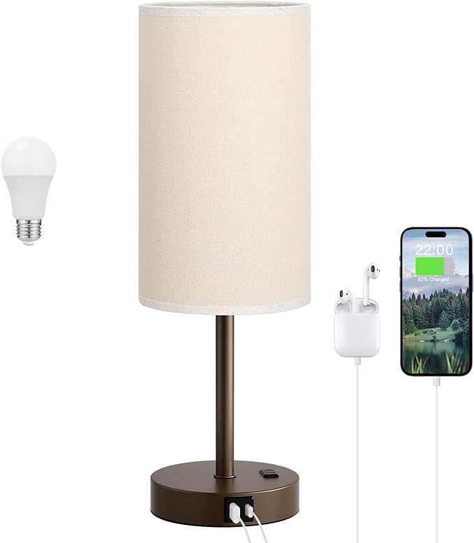 Touch Bedside Table Lamp with USB - 3 Way Dimmable Brown Lamp for Bedroom Nightstand, Desk Lamp with Charging Station for Dorm, Office, Kids Room, Living Room - Bloomnest