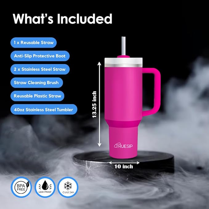 Ultimate 40oz All in One Tumbler - Leak Proof Stainless Steel Tumbler - Includes Silicone Boot, 3 Straws, 2 Straw Caps, & Cleaning Brush (Fuchsia) - Bloomnest