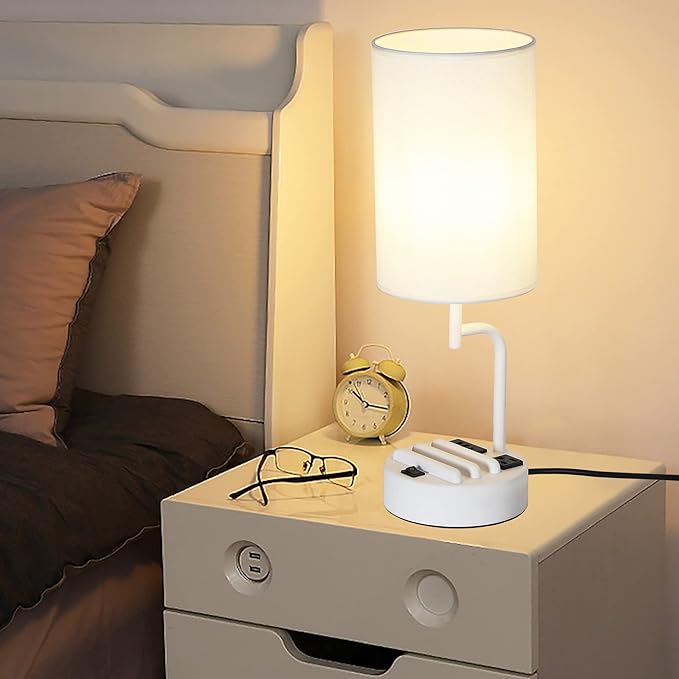 Dreamholder Table Lamp with 3 USB Charging Ports, Modern Desk Lamp with AC Outlet and Phone Stands, Perfect Bedside Lamp for Bedroom, Living Room, Office (Pack of 2), White - Bloomnest