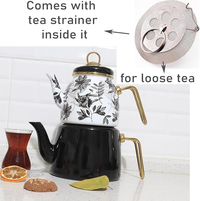 Vintage Turkish Teapot Tea Pots Kettle Set for Stovetop Stove Top Decorative Infuser Party Cups Glasses Floral Unique Boiler Samovar Strainer Loose Leaf Kitchen Style Enamel Decor (White-Black) - Bloomnest