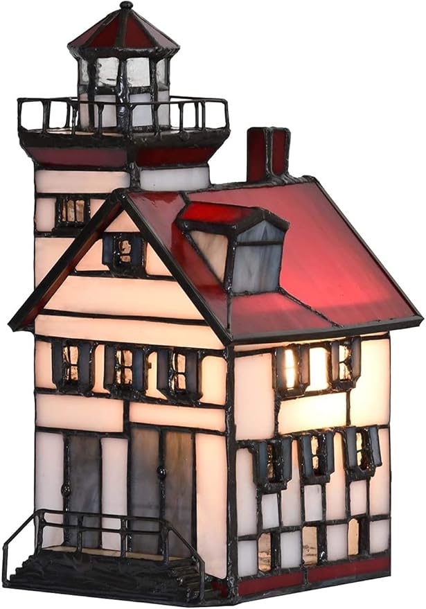 Bieye L10778 Lorain Lighthouse Tiffany Style Stained Glass Accent Table Lamp Night Light for Home Decoration (4x5x9, Red) - Bloomnest
