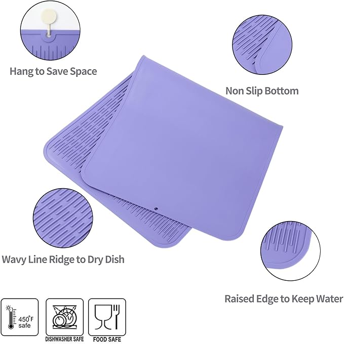 Silicone Dish Drying Mat for Multiple Usage,Easy clean,Eco-friendly,Heat-resistant Silicone Mat for Kitchen Counter or Sink,Refrigerator or Drawer Liner Light Purple 5XL 36inches x 18inches - Bloomnest