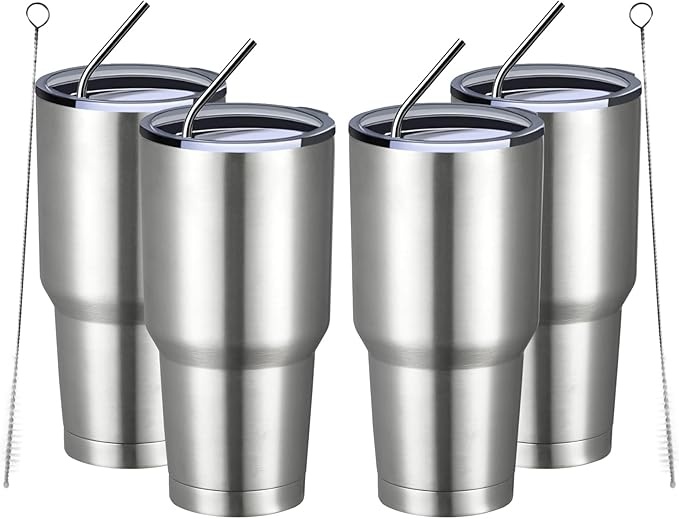 MEWAY 30oz Insulated Tumbler With Lids and Straws,Stainless Steel Double Vacuum Coffee Tumbler Cup, Brush, Durable Powder Coated Coffee Cup for Cold & Hot Drinks, Office(Silver,4 PACK) - Bloomnest