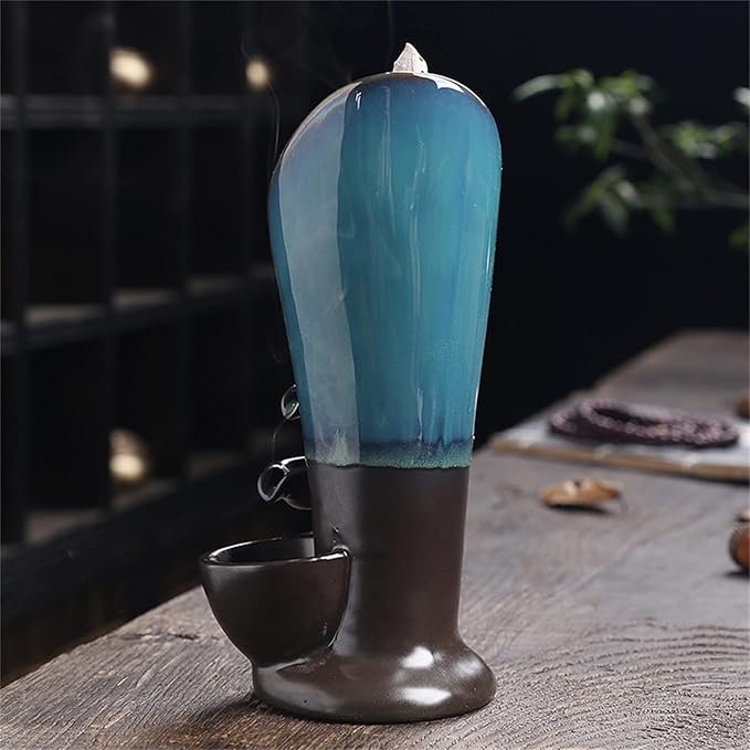 YYW Backflow Incense Burner Holder Handmade Statue Decor Fountain Waterfall Incense Holder with 20 Backflow Incense Cones 30 Incense Sticks 1 Tweezer 1 Mat for Indoor Meditation Yoga (Blue) - Bloomnest