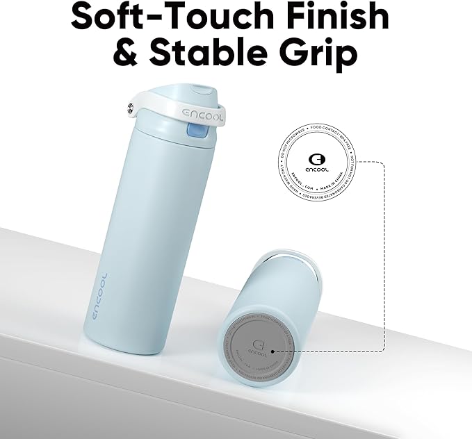 ENCOOL Leakproof Insulated Water Bottle with Straw Dual-Sip Water Bottle Bag-Safe Design for Work, Commute & Gym – Keeps Drinks Cold All Day, 18 oz, Frost Blue ENCOOL