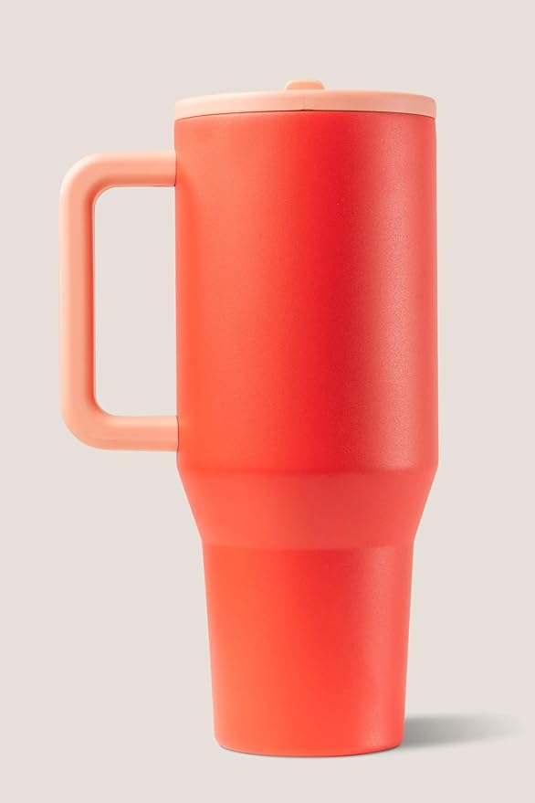 HydroJug Traveler - 40 oz Water Bottle with Handle & Flip Straw - Fits in Cup Holder, Leak Resistant Tumbler-Reusable Insulated Stainless Steel & Rubber Base - Gifts for Women & Men, Peach Pop Hydrojug