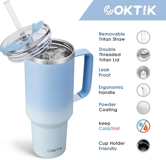 COKTIK 40 oz Tumbler With Handle and Straw Lid, Vacuum Insulated Travel Coffee Mug Stainless Steel Insulated Cup for Beverages, Leak-proof, Cupholder Friendly (Silent Sky) - Bloomnest