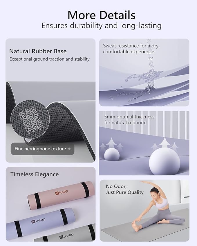 KEEP Professional Yoga Mat with Strap for Men and Women, 5mm Heavy High-Density Natural Rubber Mat for Premium Material Superior Grip, Non-Slip, Eco-Friendly 72"x26" Exercise Mat