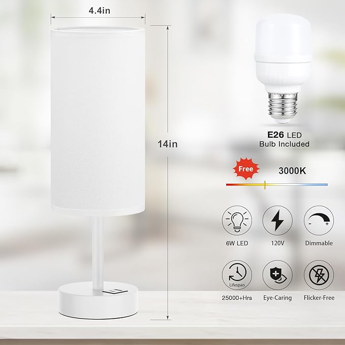 Dicoool White Touch Bedside Lamp for Bedroom - 3 Way Dimmable Table Lamp with USB, Nightstand Lamp with White Charging Station for Desk Dorm, Girl Kids Room, Small - Bloomnest