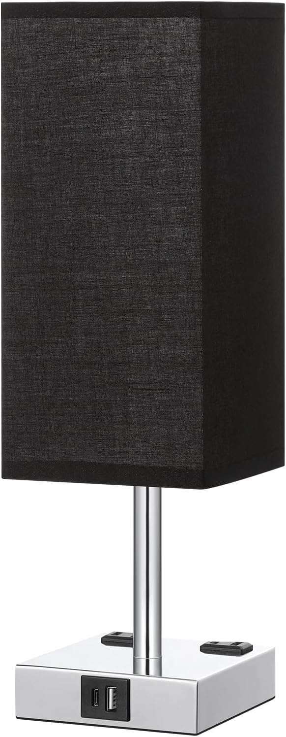 Touch Bedside Table Lamp for Nightstand - 3-Way Dimmable Night Lamp with USB A + Type C Charging Ports and Two AC Outlets, Small Desk Light with E26 LED Bulb for Bedroom Living Room Dorm Office,Black - Bloomnest