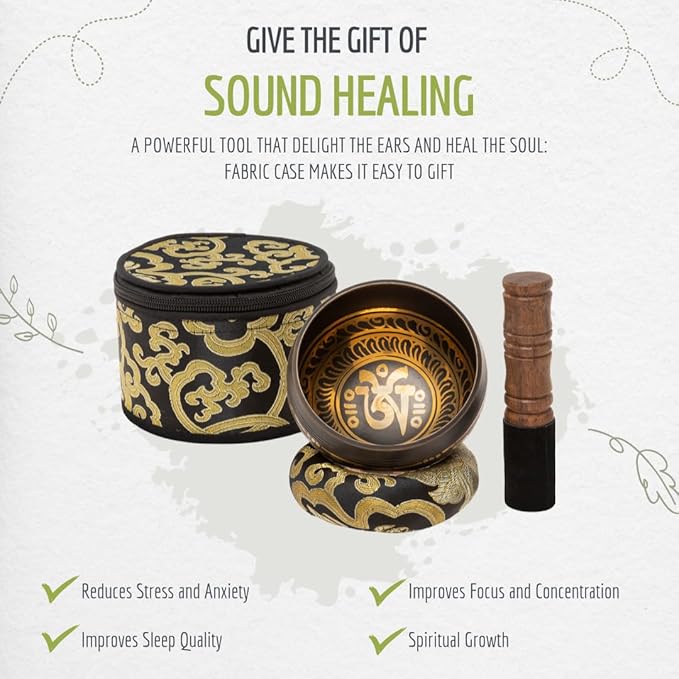 Tibetan Singing Bowl Set ~ 7 Chakra Stones and Lava Stone Chakra Bracelet ~ Easy to Play with Fabric Case, Cushion, Mallet ~ Handcrafted in Nepal for Meditation, Yoga, Spiritual Healing, & Mindfulness