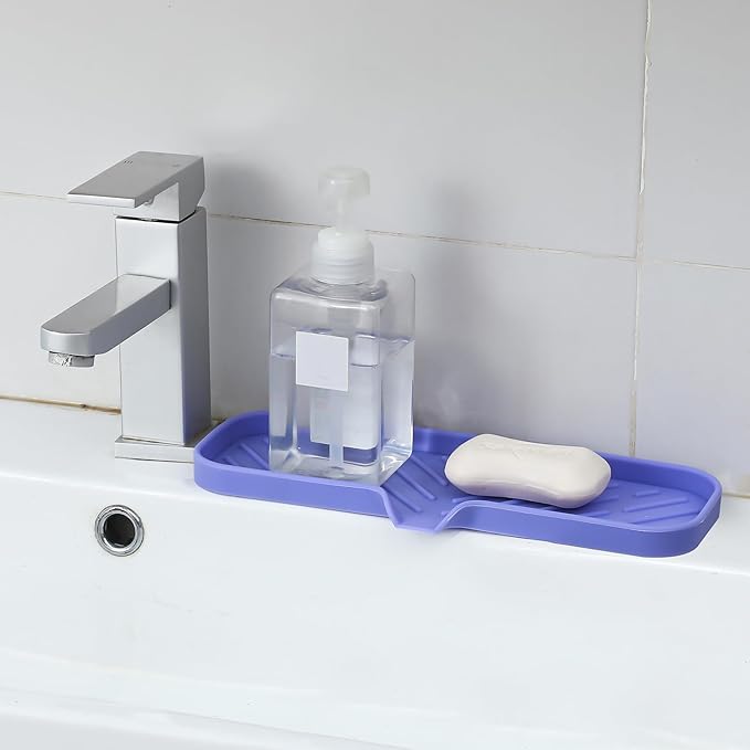 Silicone Bathroom Soap Dishes with Drain Spout-Bathroom and Kitchen Sink Organizer,Sponge Holder,Dish Soap Tray,Perfect for Dispenser,Scrubber,Bottle on Sink or Counter-Light Purple 12"×4" - Bloomnest