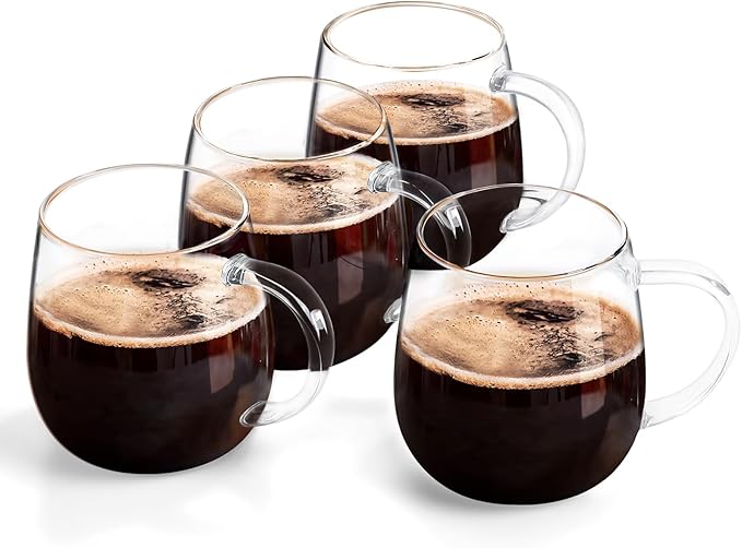 Coffee Cup Set of 4, high borosilicate glass cups, clear glass coffee cups, large glassware set, 16 ounce glass cups with handles, can also be given as gifts - Bloomnest