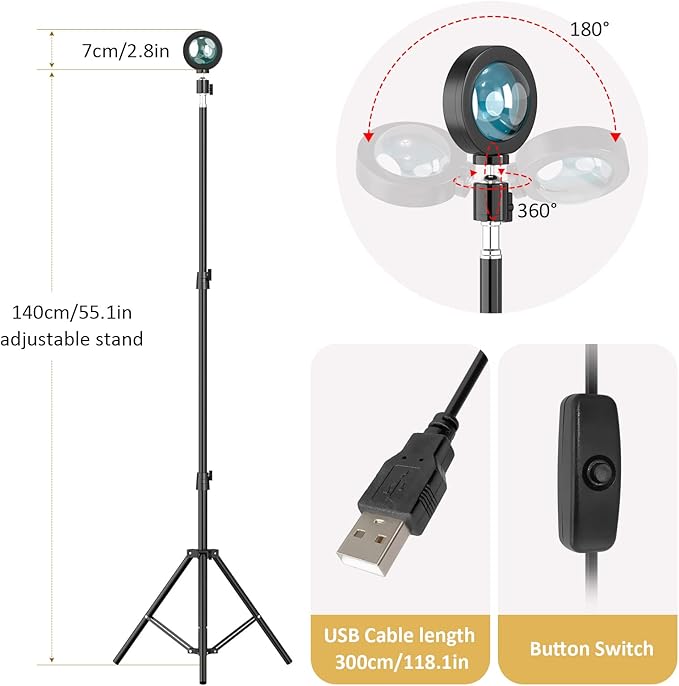 Balkwan Sunset Floor Lamp Projection 140cm Adjustable Stand Led Night Light 360 Degree Rotation Network Light with 3M USB Cable Floor Light for Living Room Bedroom - Bloomnest