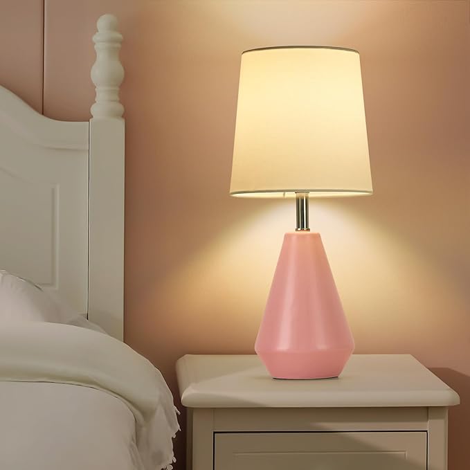 Small Bedside Table Lamp for Bedroom - Reading Desk Lamp with 3 Color Temperatures，15.5" Nightstand Ceramic Lamp with Fabric Shade for Kids Room,Living Room,Dorm,Home Office (Pink+White) - Bloomnest