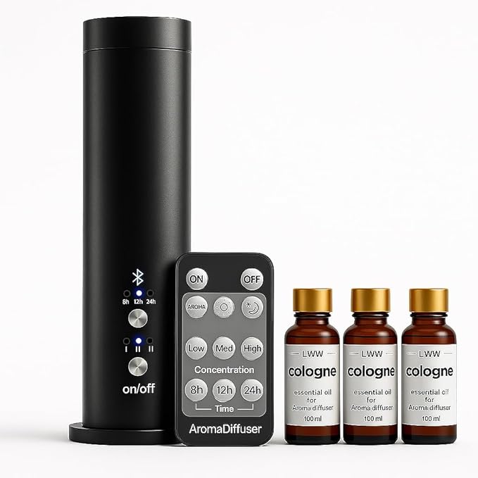 Waterless Essential Oil Diffuser for Home Large Room – 300m³ Coverage Aroma Scent Machine with Remote, 3 Intensity Levels & Timer, Quiet Operation; Ideal for Office & Spa Black (Includes 3×100ml Oils) - Bloomnest