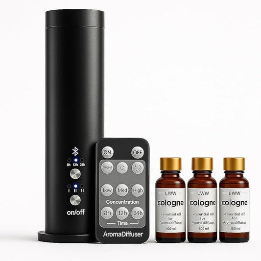 Waterless Essential Oil Diffuser for Home Large Room – 300m³ Coverage Aroma Scent Machine with Remote, 3 Intensity Levels & Timer, Quiet Operation; Ideal for Office & Spa Black (Includes 3×100ml Oils) - Bloomnest