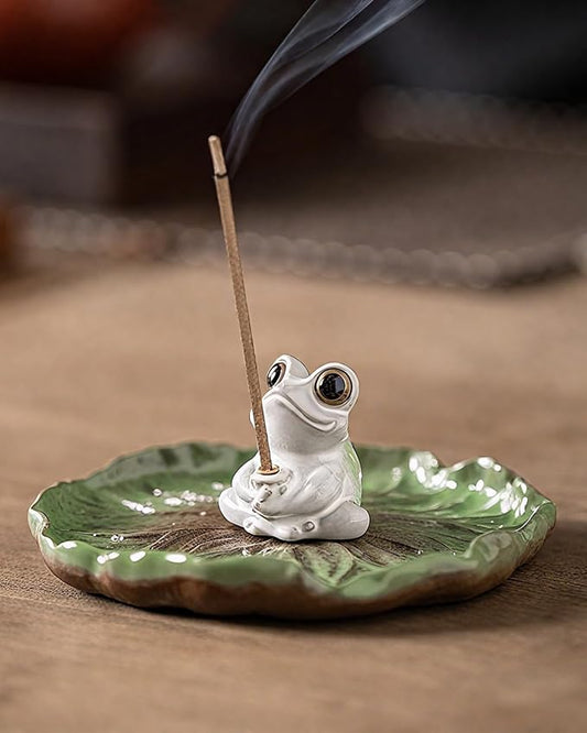 Ceramic Incense Stick Holder - Cute Frog Incense Burner with Lotus Leaf Tray Ash Catcher, Handcrafted Zen Decor for Home, Meditation, Yoga, Gift - Bloomnest