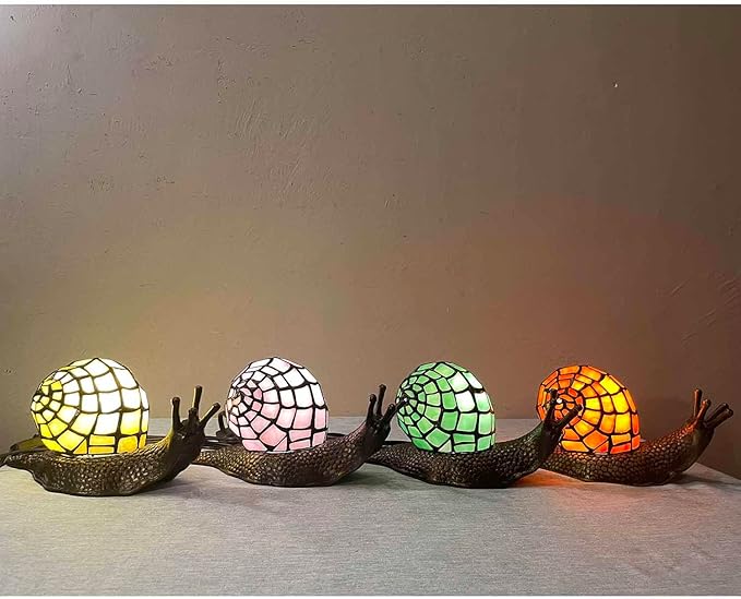 Bieye L10962 Land Snail Tiffany Style Stained Glass Accent Table Lamp for Home Decoration (Pink, 10" D x 5" W x 5" H) - Bloomnest