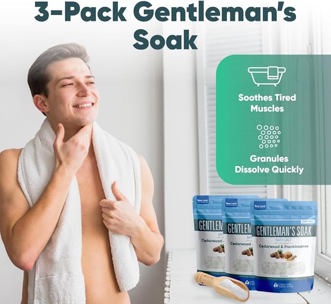 Gentleman's Bath Salt (3-Pack Plus Scoop) Bath for Men with Pure Essential Oils in BPA Free Pouch with Press-Lock Seal Made in USA 3-Pack of 2-lbs, 6-lbs Total - Bloomnest