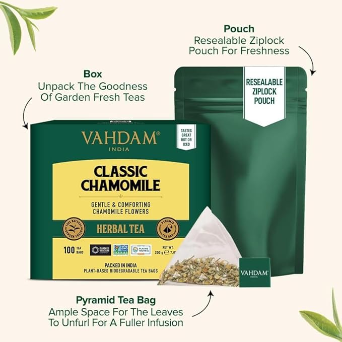 VAHDAM, Chamomile Herbal Tea (100 Pyramid Tea Bags) Resealable Ziplock Pouch | Caffeine Free, Non GMO, Gluten Free | 100% Pure Tisane - Sweet & Floral | Made With Natural Chamomile Flowers - Bloomnest