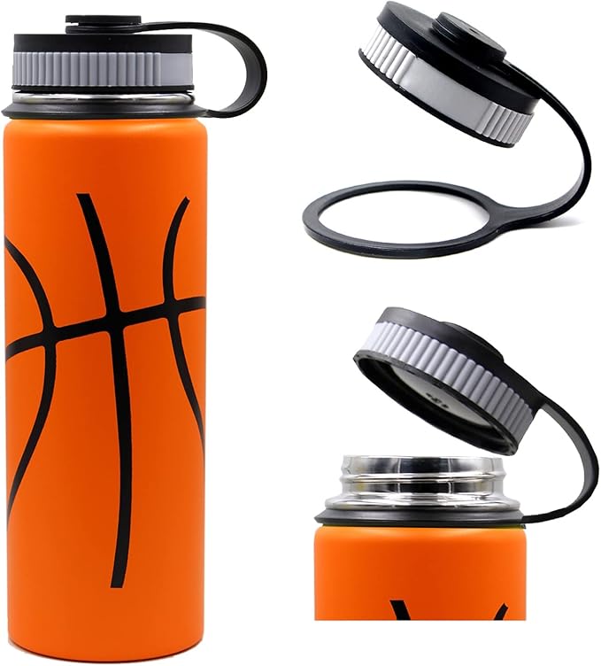 22 oz Basketball Water Bottle, Sports Flask Metal Travel Tumbler with 2 Lids, Stainless Steel Double Wall Vacuum Insulated Thermo Water bottles, Basketball Accessories Stuff Gifts for Mom Boys Girls - Bloomnest