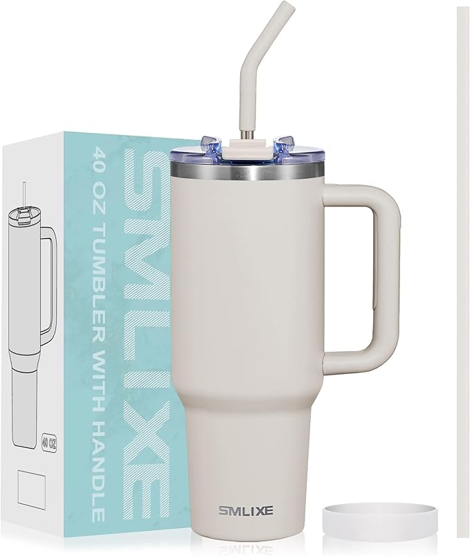 40 oz Tumbler with Handle and Straw Lid,Insulated Reusable Stainless Steel Water Bottle Travel Mug，Cupholder Friendly Double Wall Vacuum Sealed Cup (Almond Birch) - Bloomnest
