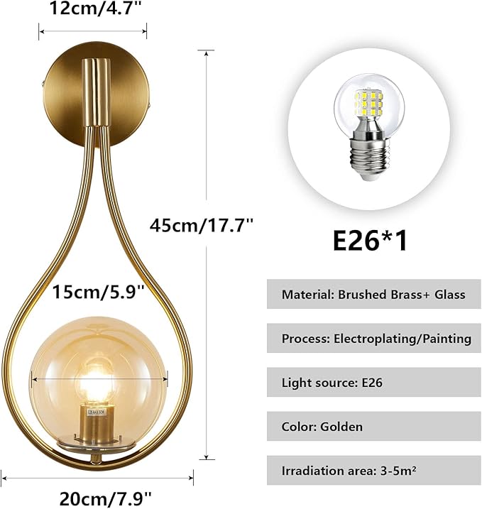 KCO Lighting Glass Globe Wall Mounted Sconce Gold Teardrop Wall Sconce Vintage Cordless Sconces Wall Lighting for Stairwell Bathroom Bedroom (Gold + Amber) - Bloomnest