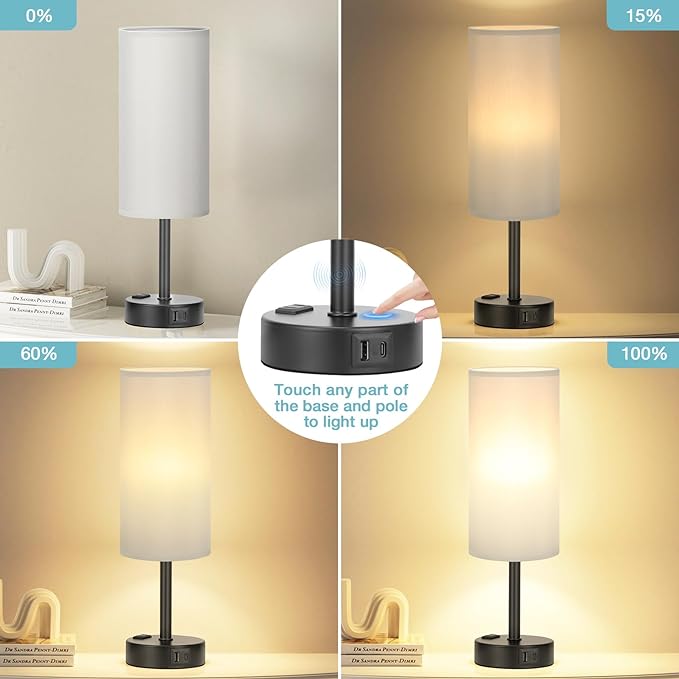 Fenmzee Grey Touch Bedside Lamp for Bedroom - 3 Way Dimmable Table Lamp USB C Charging Ports and AC Outlet, Small Desk Lamp for Living Room, Office, LED Bulb Included - Bloomnest
