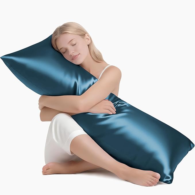 MR&HM Satin Body Pillow Cover, Soft and Breathable Body Pillow Case with Envelope Closure, Cooling and Silky Long Pillowcase for Hair and Skin,Grey (20x54, Teal) - Bloomnest