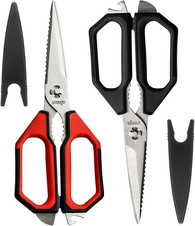 LIVINGO Kitchen Scissors Set All Purpose - Heavy Duty Stainless Steel Come Apart Food Shears for Cutting Meat, Vegetables, Dishwasher safe, 2 Pack, Red Black Multi-Function Handles - Bloomnest