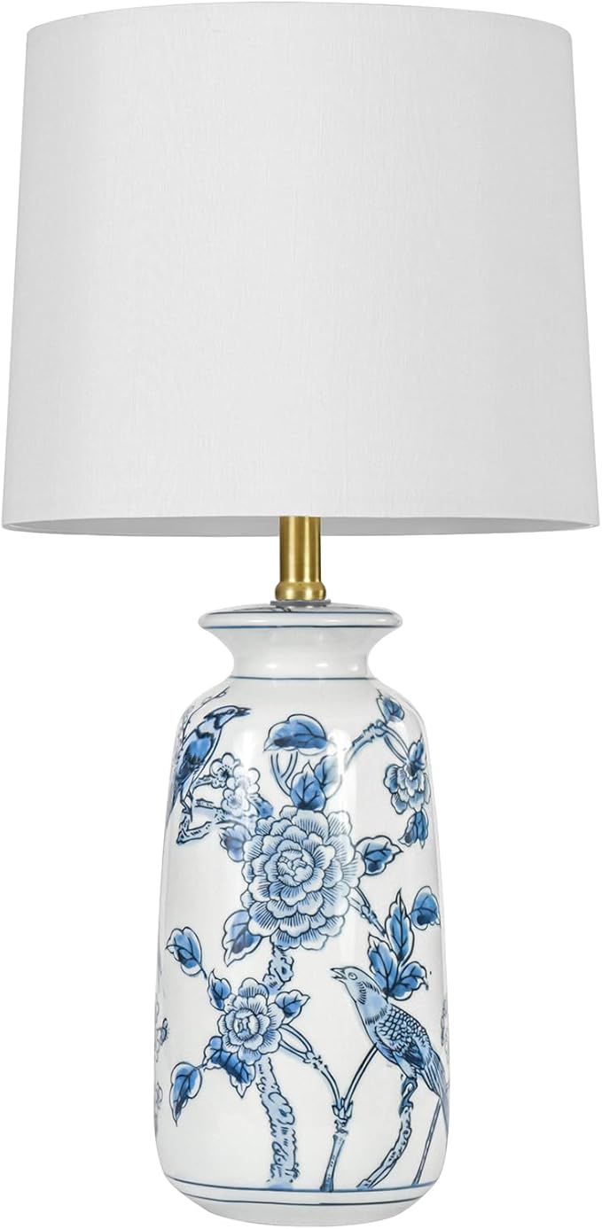 24.25" Blue Ceramic Table Lamp for Living Room, Classic Blue and White Lamp for End Table, Blue Birds and Flowers Lamps, Traditional China Nightstand Lamp for Bedroom - Bloomnest