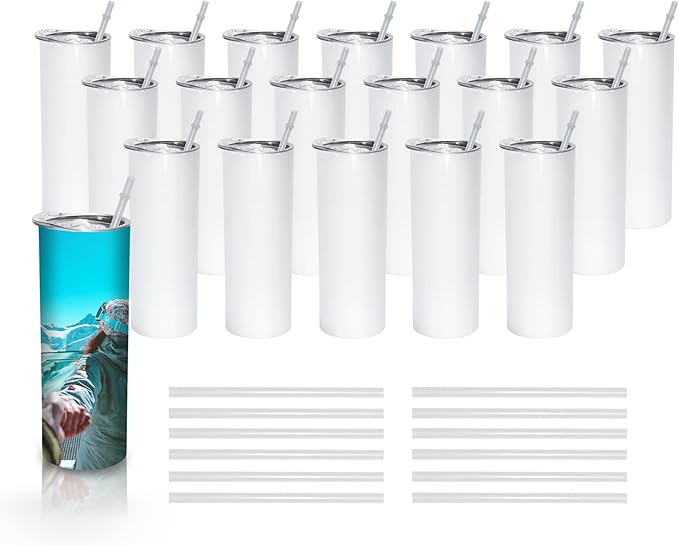 AGH 25 Pack Sublimation Tumblers Blank 20 OZ Straight Skinny Tumbler with Straw, Stainless Steel Double Wall Insulated Tumbler for Tumbler Press Machine - Bloomnest