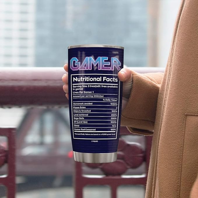 winorax Personalized Gamer Tumbler Nutrition Facts Custom Gaming Cup Tumblers Stainless Steel 20oz 30oz Coffee Mugs Gifts for Video Game Lovers Pro Gamers Men Women Birthday Christmas Presents - Bloomnest