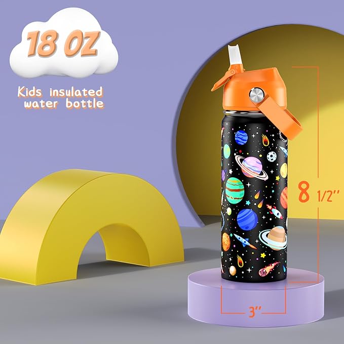 18oz Kids Insulated Water Bottle with Straw Lid - 18/8 Stainless Steel Kid Cup BPA-FREE Travel Tumbler Double Wall Vacuum Leak Proof Portable Toddler Water Bottle (Space) - Bloomnest