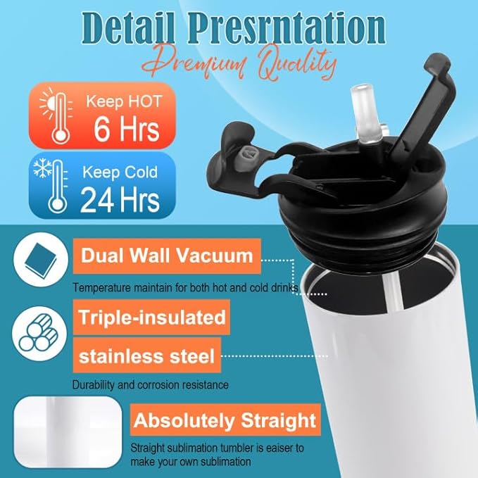 Joyclub 8 Pack Sublimation Water Bottle Blanks Dual Opening 20 oz Sublimation Tumblers with Leakproof Lid and Straw Insulated Stainless Steel Sports Cups - Bloomnest