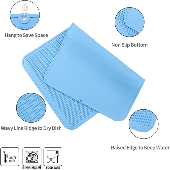 Silicone Dish Drying Mat for Multiple Usage,Easy clean,Eco-friendly,Heat-resistant Silicone Mat for Kitchen Counter or Sink,Refrigerator or Drawer Liner Light Blue 3XL 28 inches x 18 inches - Bloomnest