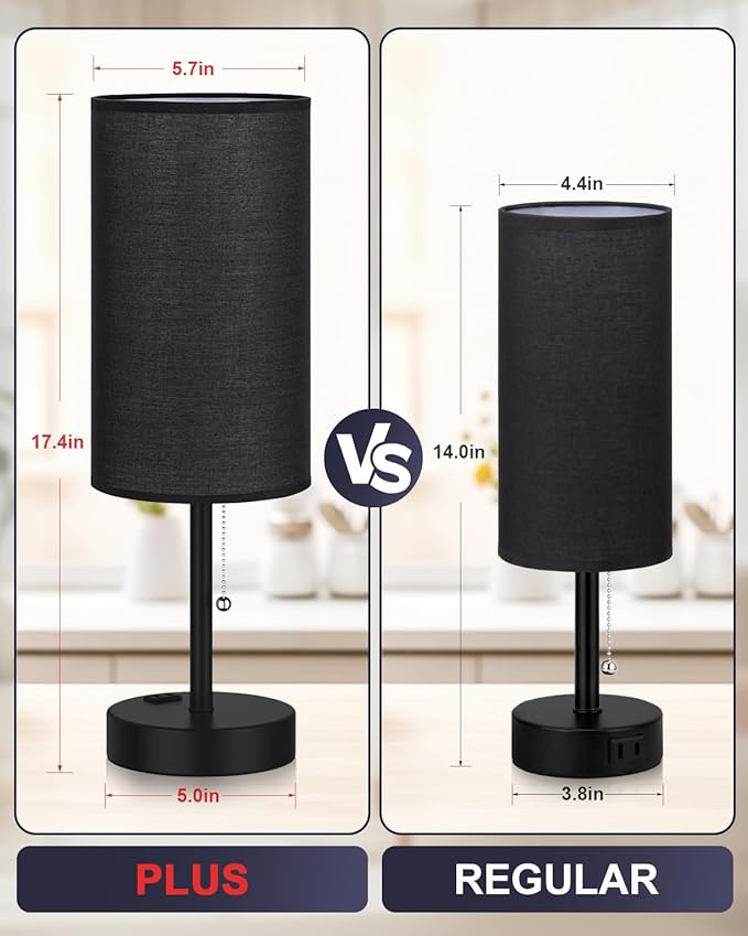 Fenmzee Large Black Bedside Lamps Set of 2-3 Color Temperatures Pull Chain Lamp with AC Outlet Charging Port, Two Round Night Stand Lamps for Bedroom Guest Room Office, Bed Side Light - Bloomnest