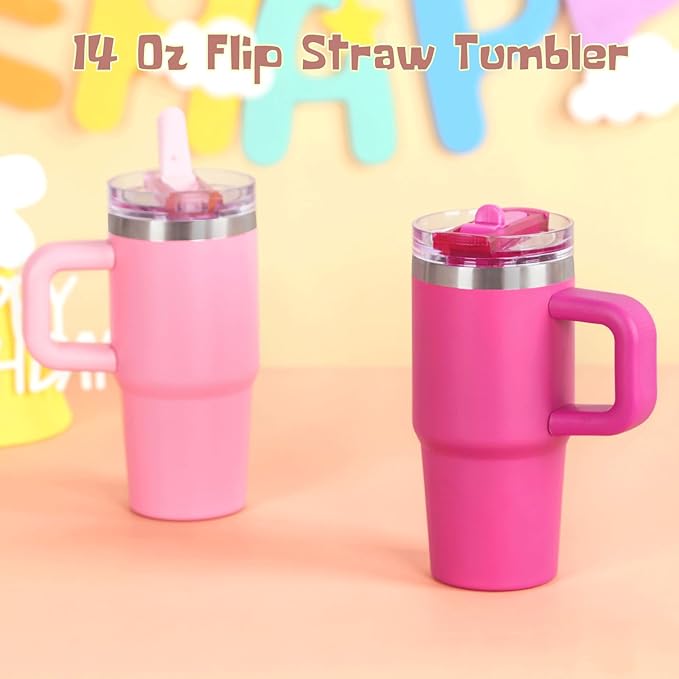 Cosictic 14 Oz Flip Straw Tumbler with Handle for Kids, Stainless Steel Double Wall Insulated Cup for Children with Flip Top Lid, 14 Oz Leak-proof Cups for Kids, Hot Pink - Bloomnest