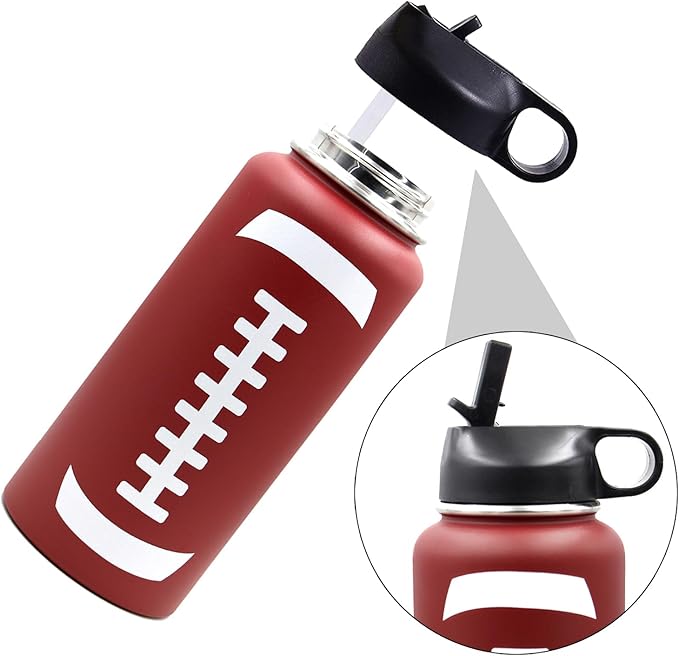 32 oz Football Water Bottle with Straw, Wide Mouth Sports Flask Metal Travel Tumbler with 2 Lids, Stainless Steel Double Wall Vacuum Insulated Thermo Water Bottles, Football Gear Gifts for Boys Girls - Bloomnest