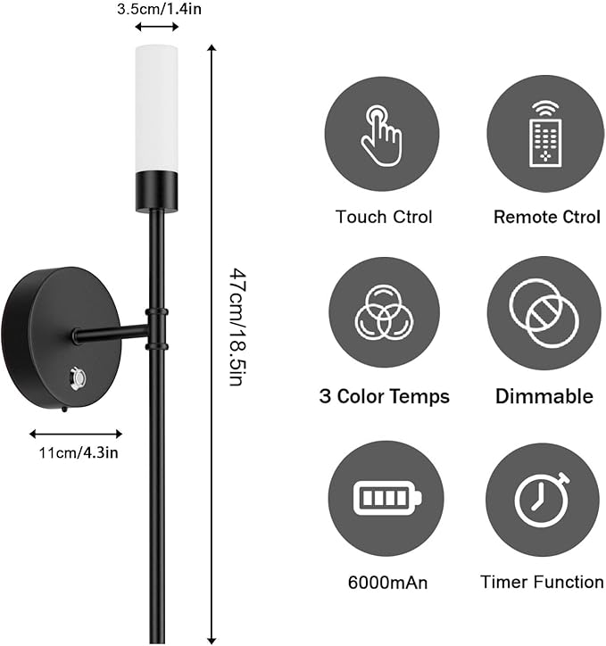 Black Battery Operated Wall Sconce Set of 2,3000K-6000K Dimmable 6000mAh Rechargeable Wall Sconce Indoor Wireless Wall Lights Remote Control for Bedroom,Living Room,Hallway - Bloomnest