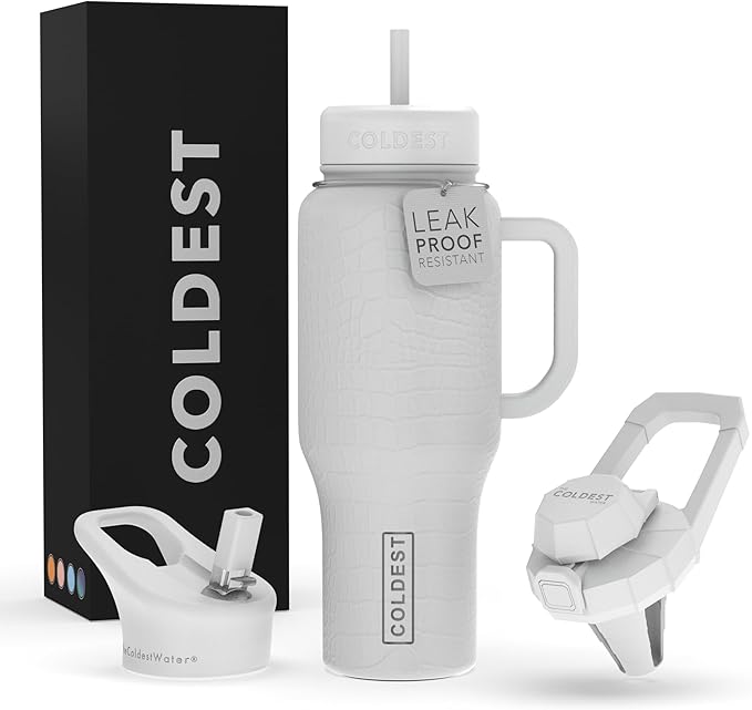 Coldest Tumbler with Handle and Straw, 100% Leak Proof Insulated Tumbler with Lid and Straw (3 Lids), Stainless Steel Tumblers for Women & Men, Cup Holder Friendly, 36 oz (White Croc) - Bloomnest