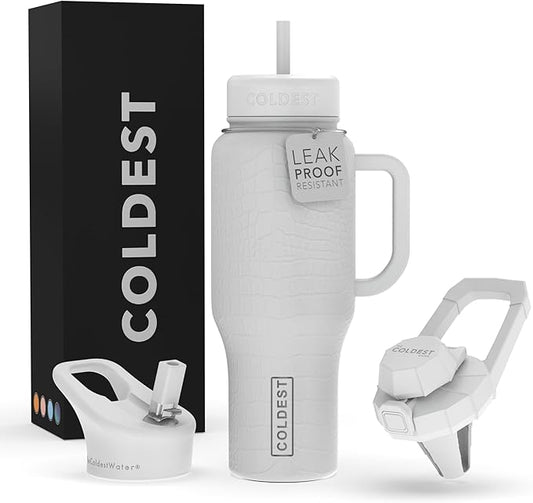 Coldest Tumbler with Handle and Straw, 100% Leak Proof Insulated Tumbler with Lid and Straw (3 Lids), Stainless Steel Tumblers for Women & Men, Cup Holder Friendly, 36 oz (White Croc) - Bloomnest