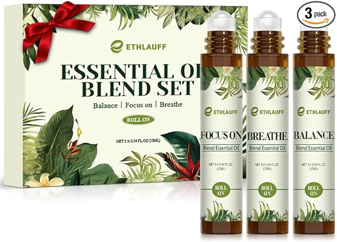 Essential Oils Roll On Set 3 Pack (Breathe, Focus on, Balance) - Essential Oil Blend Stress Relief Gift Aromatherapy Self Care Gift for Women, 3 * 10ml - Bloomnest